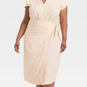 Short Sleeve Wrap Waist Midi Shirtdress - Universal Thread Cream Striped XXL